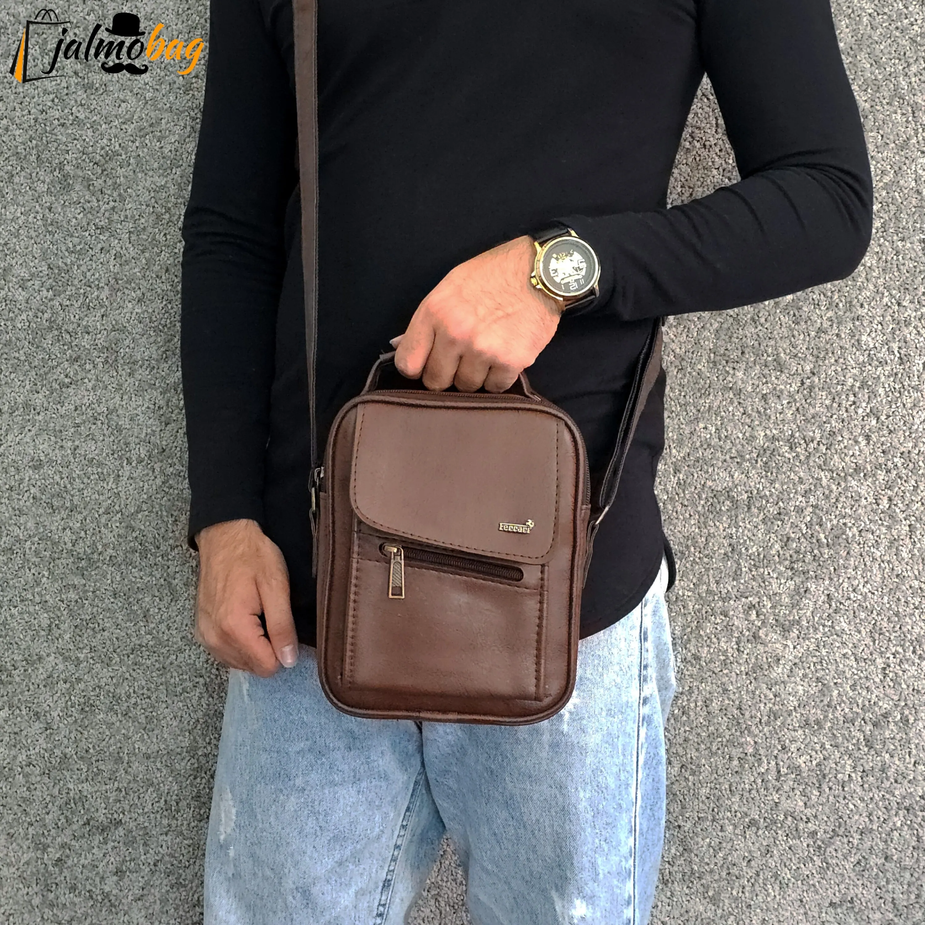 کیف دوشی چرمی اسپرت بزرگ چرم صنعتی مشکی خردلی قهوهای تیره