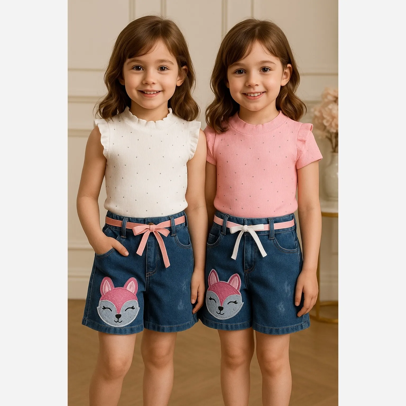 ست تاپ و شلوارک جین دخترانه طرح روباه نگیندار سایز 2 تا 8 سال