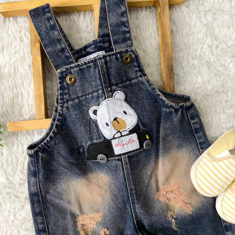 بیلر شلوارکی جین نوزادی پسرانه طرح تدی ماشین سوار