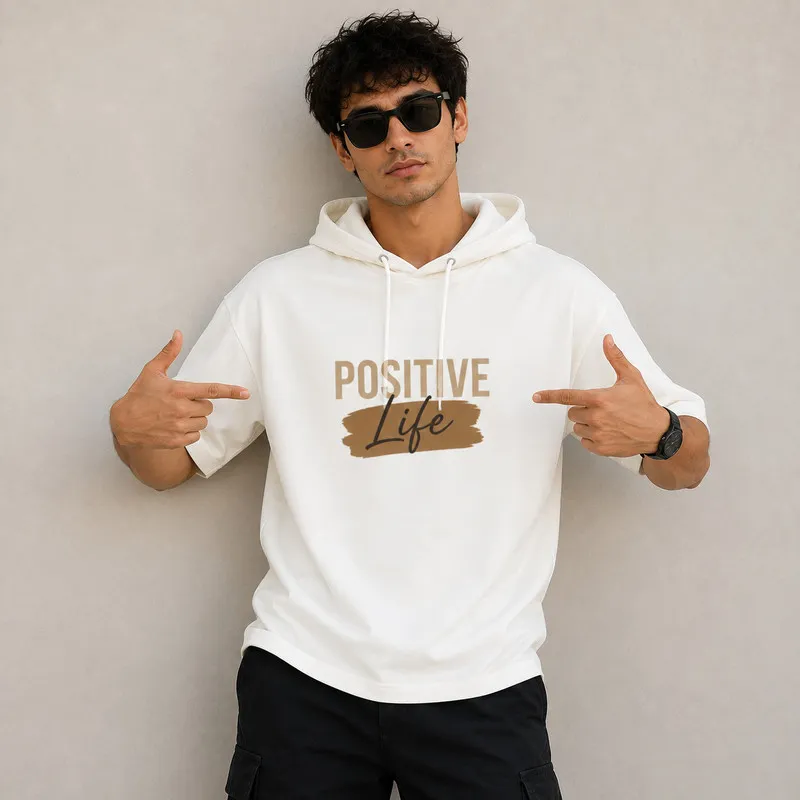 تی شرت مردانه کلاهدار پنبه ای طرح حروف مدل positive
