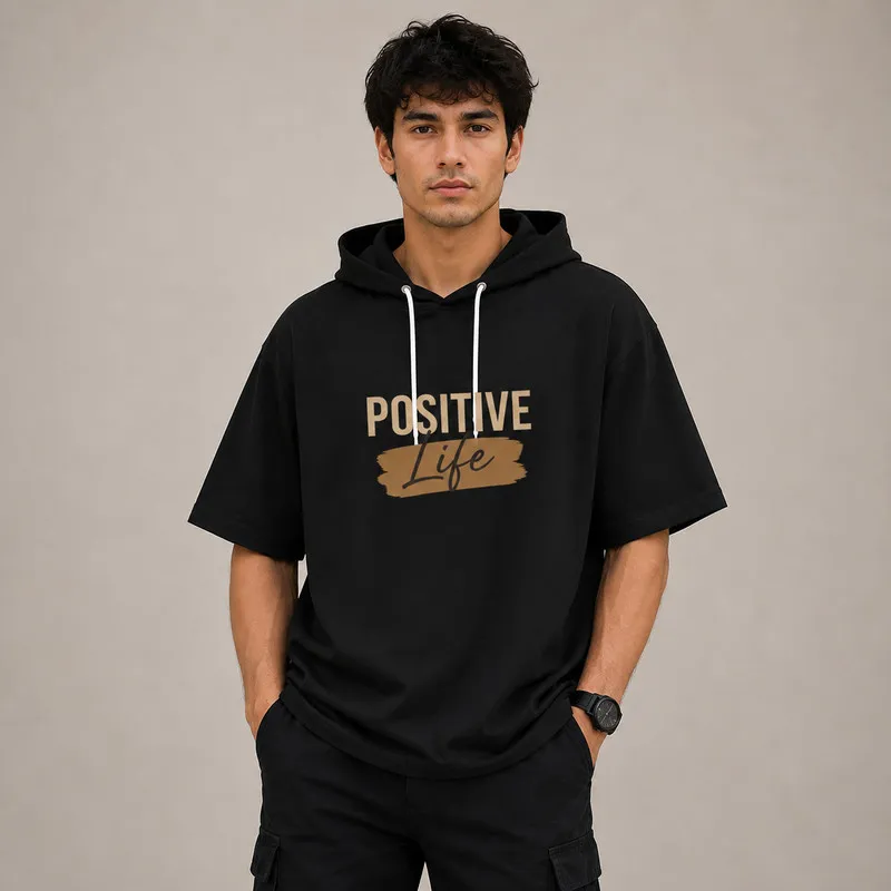 تی شرت مردانه کلاهدار پنبه ای طرح حروف مدل positive