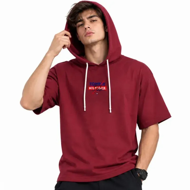 تی شرت کلاه دار مردانه لیما پنبه طرح حروف جلو و پشت چاپ
