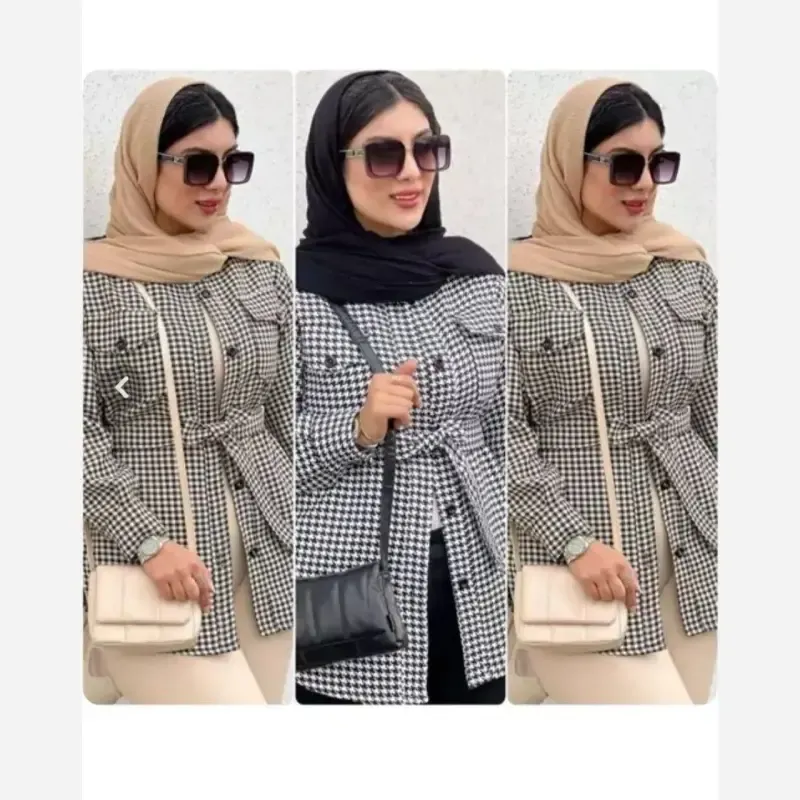 مانتو پشمی کمربنددار ثریا پاییزه و زمستانه چهارخونه پیچازی موهر دار فری سایز
