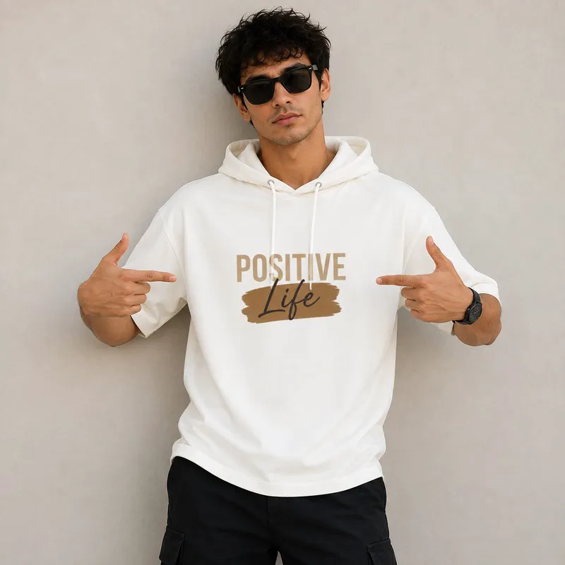 تی شرت مردانه کلاه دار پنبه ای طرح حروف مدل positive