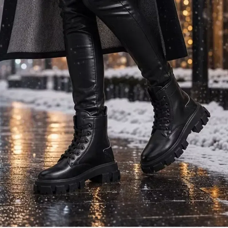 نیم بوت زنانه چرم مصنوعی مشکی زیره پیو لژ 5 سانتی