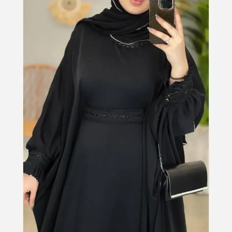 عبای زنانه راحیل الیزه مشکی بلند ملیله دوزی شده آستین پلیسه فری سایز